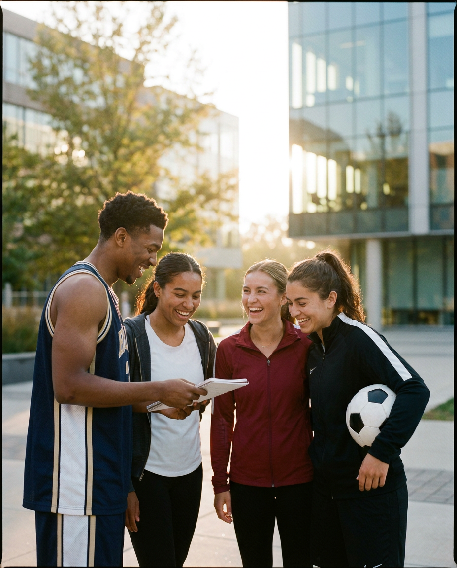 Student athletes collaborating on campus