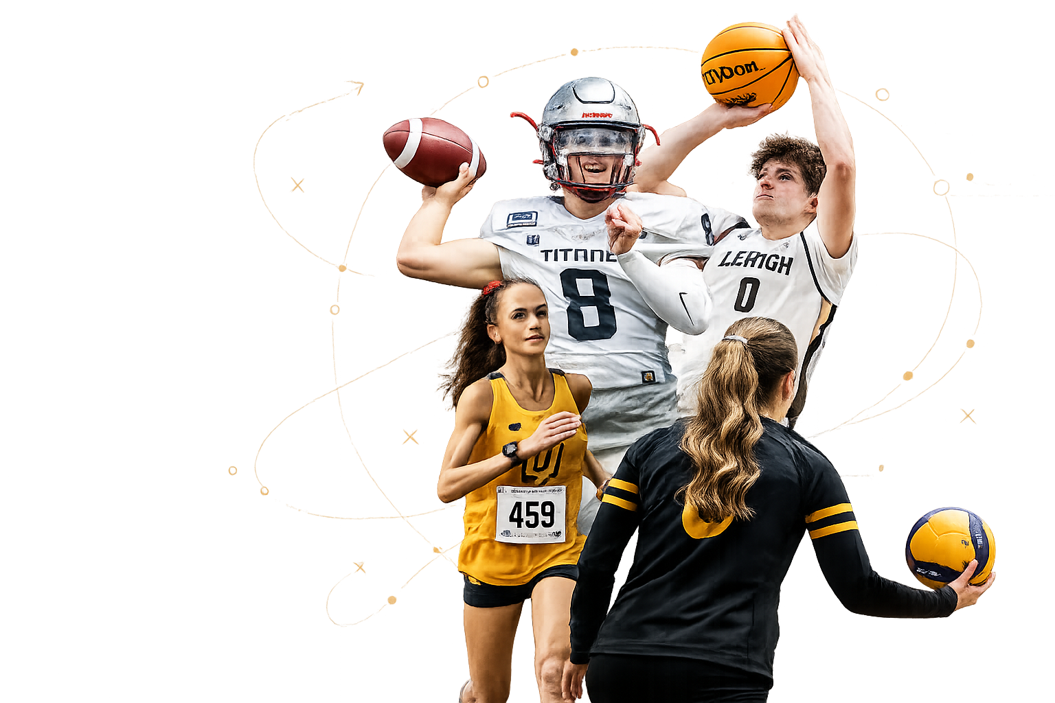 Collage of athletes from football, basketball, track, and volleyball